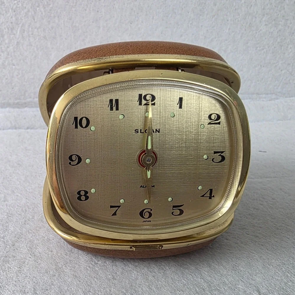 Vintage Sloan Travel Alarm Clock Brown Gold Tone Folding Case Made in Japan MCM